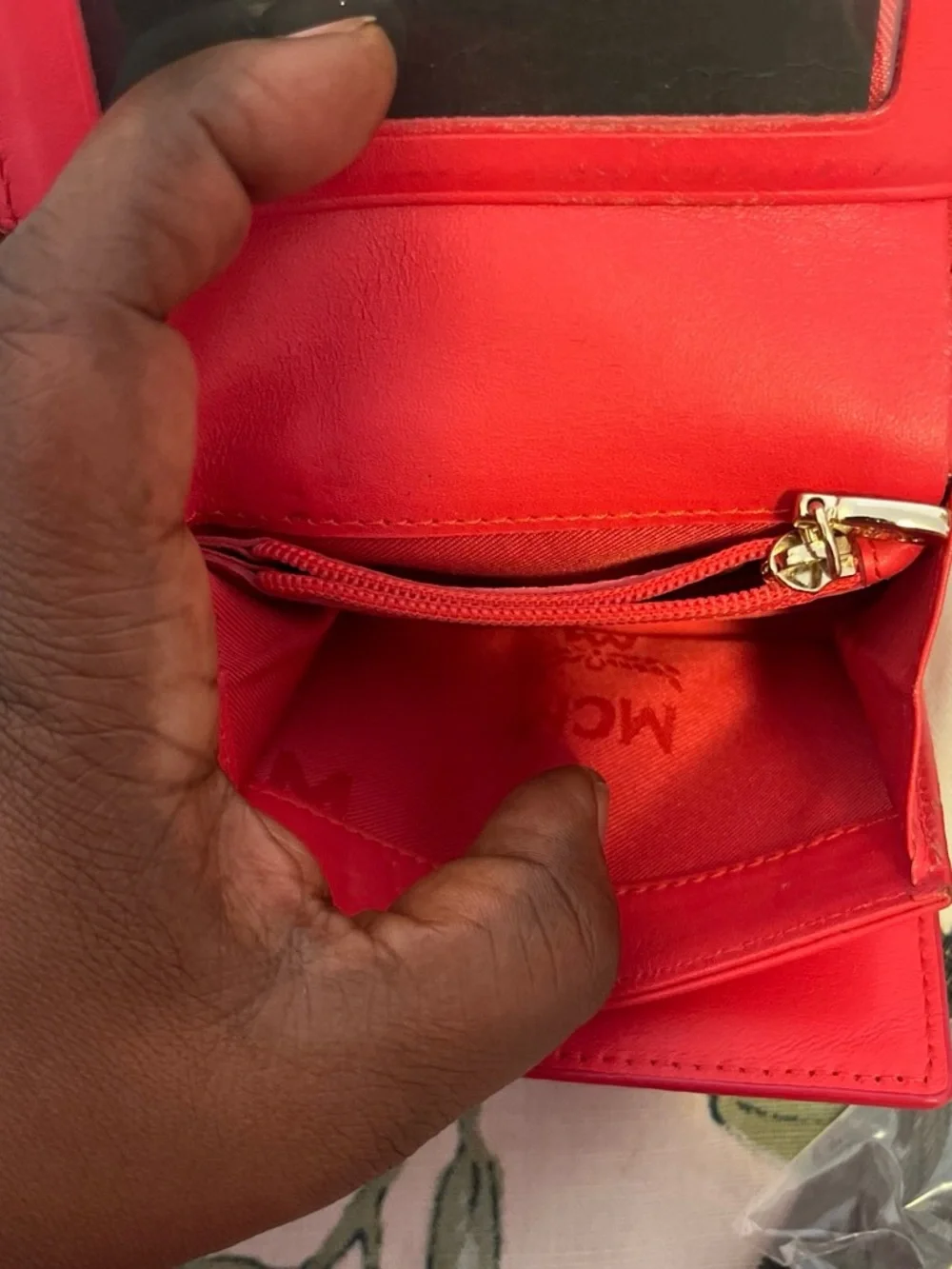 MCM Red Leather Compact Wallet with Gold Plaque